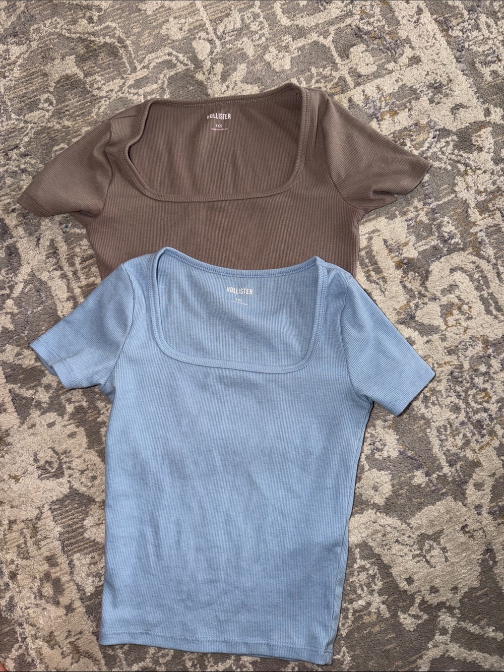 Hollister Ribbed Square Neck Tees - Brown & Light Blue